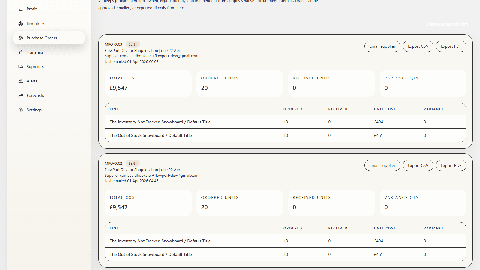 MarginPilot purchase orders workspace